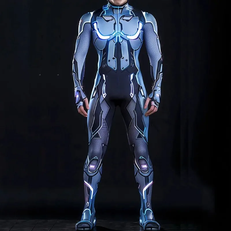 CyberPunk Men Women Mechanical Armor Jumpsuit Halloween Party Cosplay Party Steampunk Costume Fighter Elastic Bodysuits Rompers