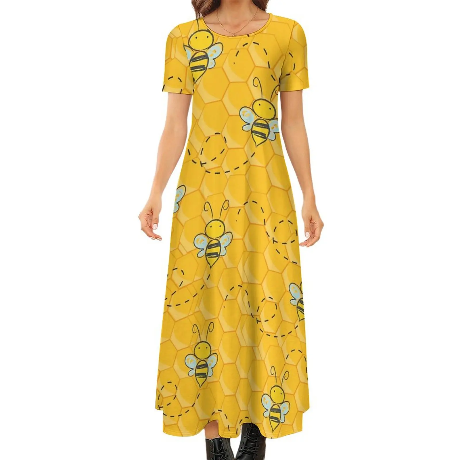 Abito con stampa Hive Honey Bee Abito lungo alla moda Street Style Boho Beach Abiti lunghi Abiti oversize da donna a maniche corte