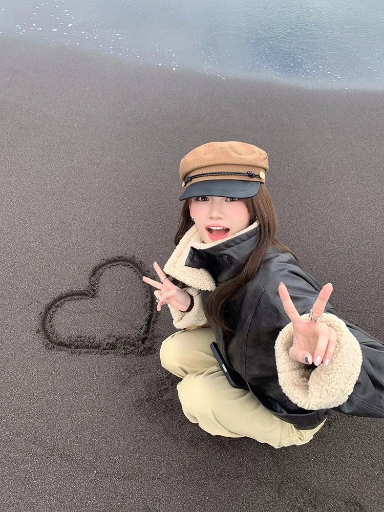 

Thiened Lamb Fur Jaet Women's Autumn Winter Warm Stand Collar Coat Korean Sle PU Material Long Sve Zipper Closure