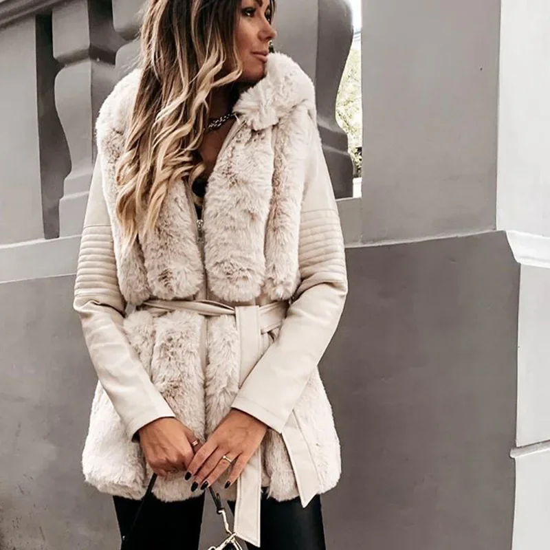 Warm Rabbit Faux Fur Coats Women Fashion Slim Hooded Jackets Winter Women Elegant Tie Belt Leather Fur Coats Parkas Female