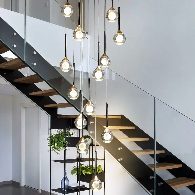 LED Energy Saving Crystal Luxury Duplex Villa Loft Rotating Hollow Stairwell Staircase Light Nordic Style Pendant Light