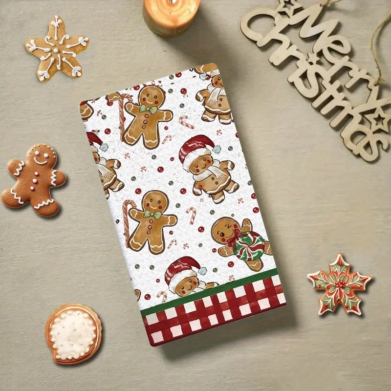2pcs Ultra Fine Microfiber Dish Towels 18x26 inches, Christmas Gingerbread Candy Cane Decor for Home Cooking, Baking