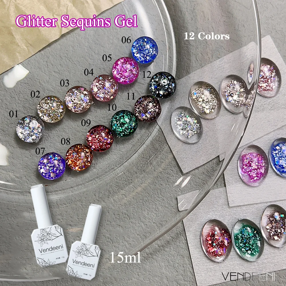 Vendeeni 12 Colors/set Sparkling Diamond Gel Nail Polish Glitter Sequins Nail Varnish Soak Off Nail Art Gel Lacquer With Display