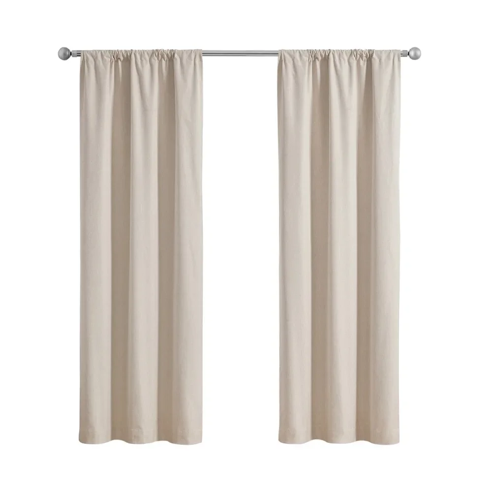 2-Piece Linen Look Beige Rod Pocket Blackout Curtain Set, 37 x 84