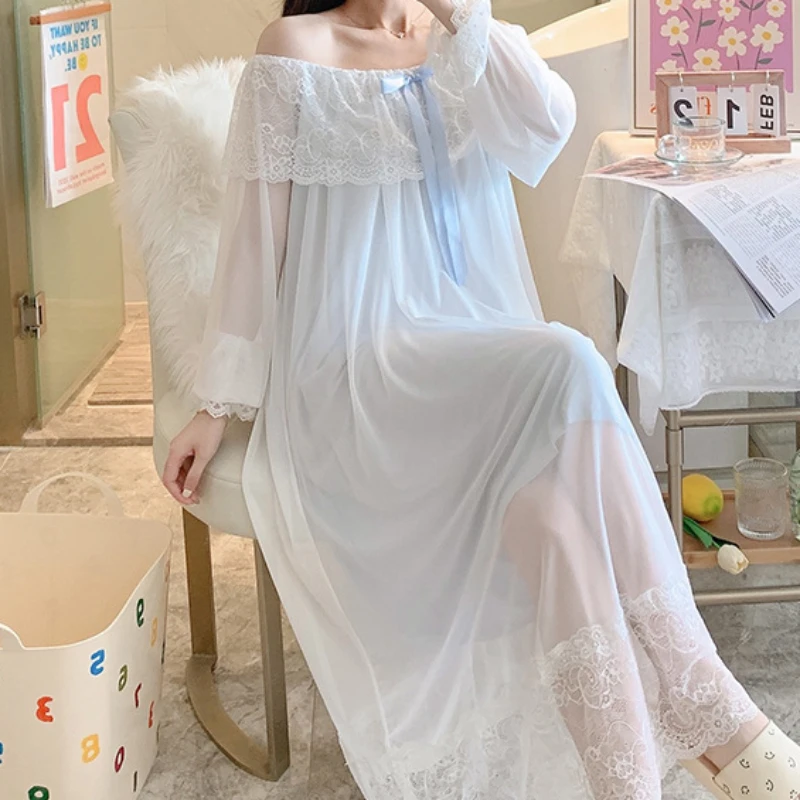 Victorian Vintage Nightgowns Women Princess Sleepwear Spring Autumn Sweet Mesh Sexy Lace Long Sleeve Peignoir Fairy Night Dress