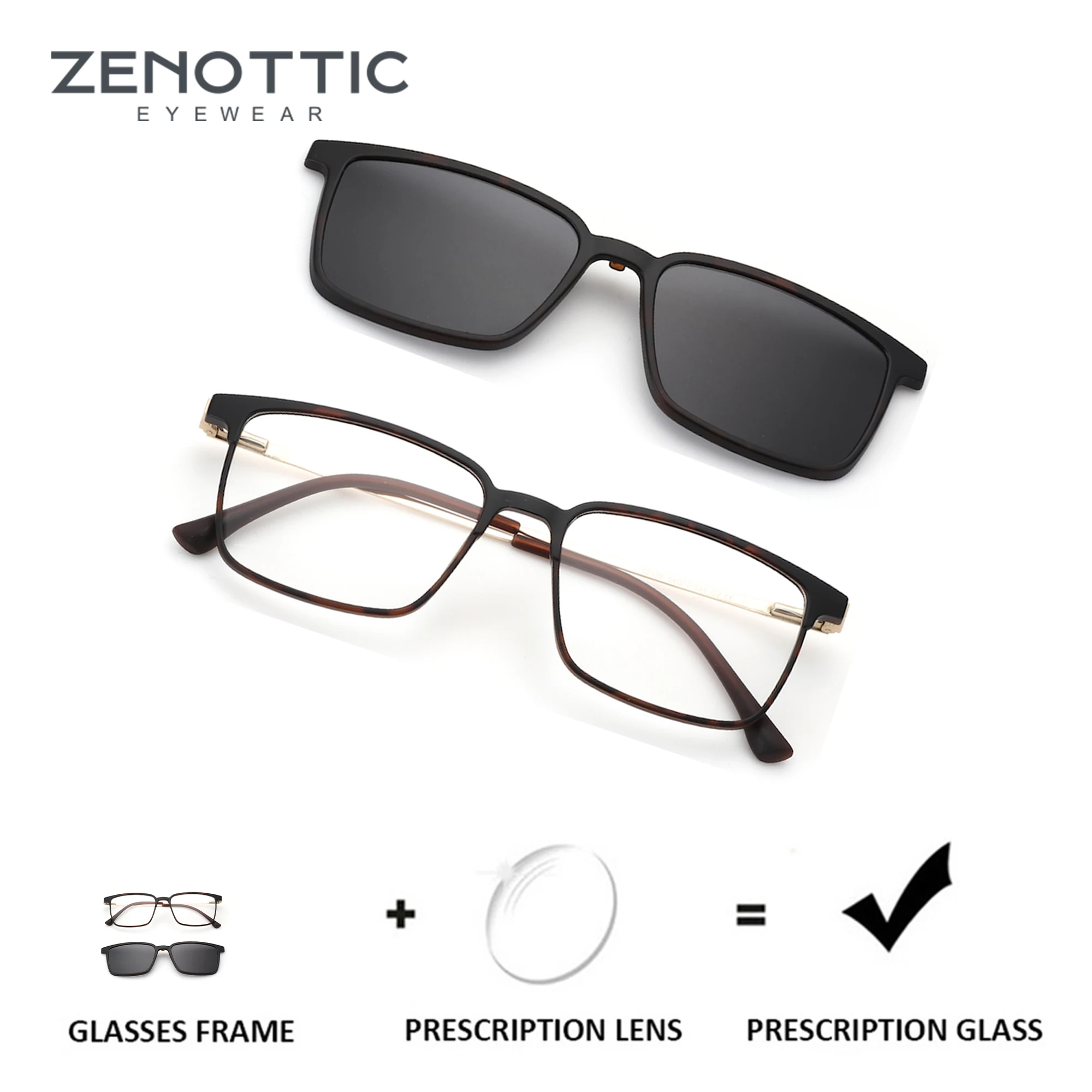 

ZENOTTIC（XL） Size Modish Magnetic Clip-on Square Prescription Glasses For Men Polarized UV400 Protection Optical SunGlasses