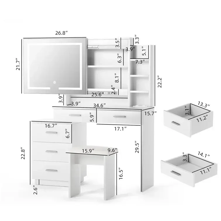 

-White Vanity Desk with Mirror and Lights-3 Color and Brightness Adjustable with Charging Station