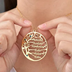 Life of Tree Family 1-6 Names Pendant Necklace Personalized Stainless Steel Nameplate with Birthstone For Women Men Jewelry Gift