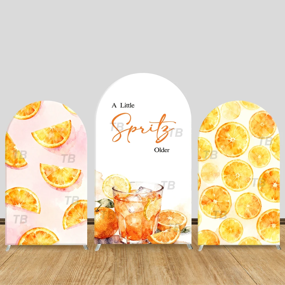 

Orange Lemon Print Arch Backdrop Cover Birthday Party Photo Booth with Brightly Colored Decorative Props
