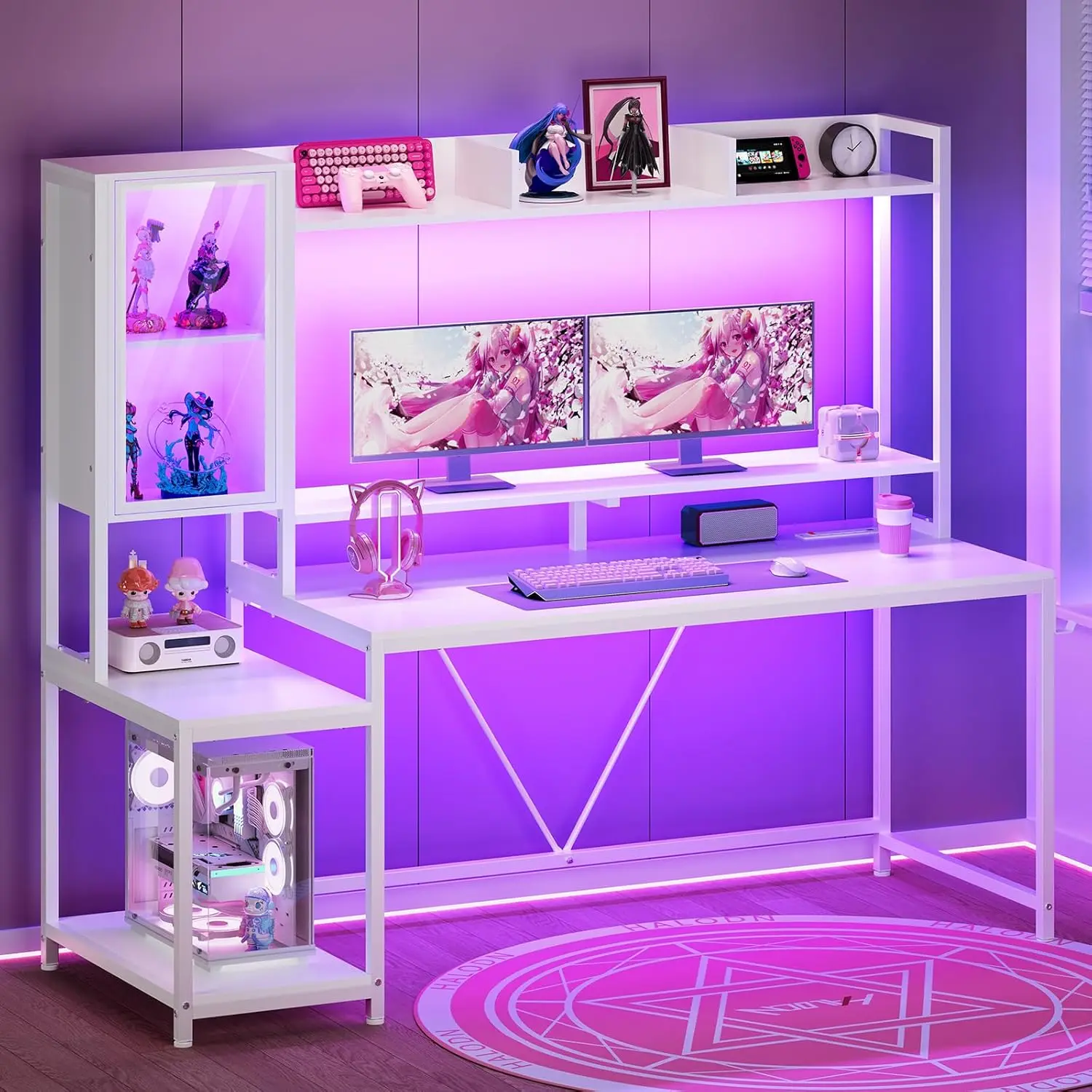 

Gaming Desk, 60'' Gaming Desk with Hutch and LED Lights, Computer Desk with Storage Shelves, Large PC Gamer, Customized