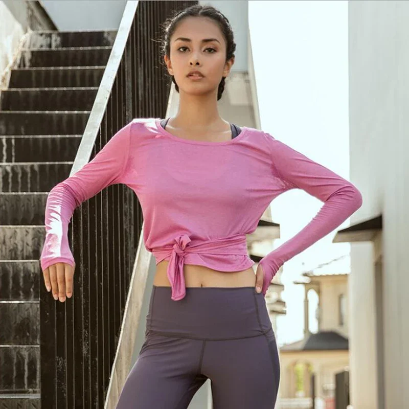 Long Sleeve Yoga Shirts New Arrival Back Pierced Sports Tops Sexy Soft Fabrics Clothes Back Knotted Running Clothing