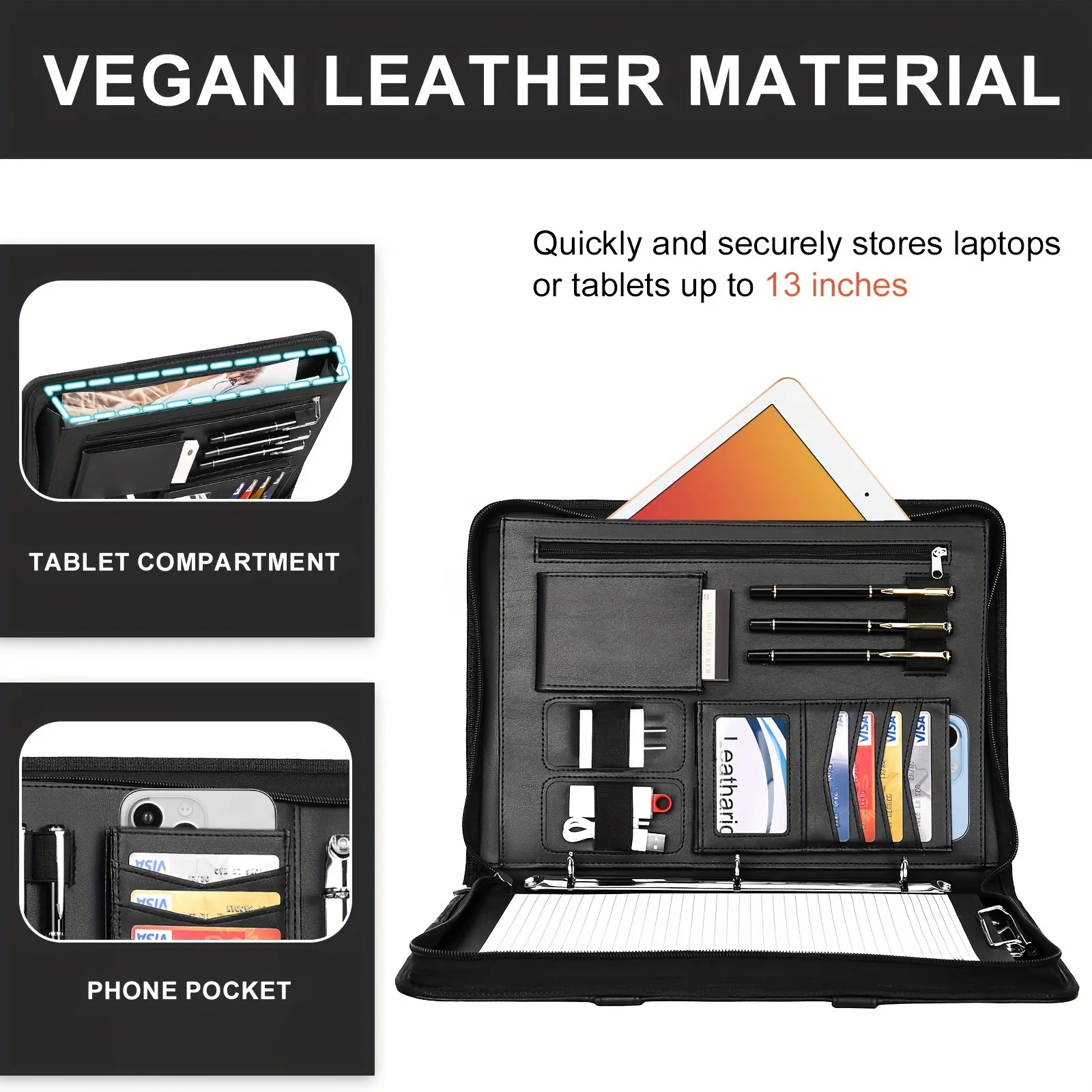 Multi Function A4 Leather Folder Zipper Document Organizer with 3 Ring Binder Clipboard Card Pockets for Business Office Travel