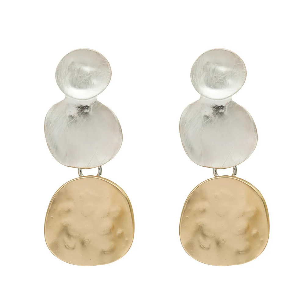 Two‑Tone Hammered Disc Drop Earrings 925 Silver Needle Multi‑Layer Irregular Round Dangle Earrings Boho Ear Decor