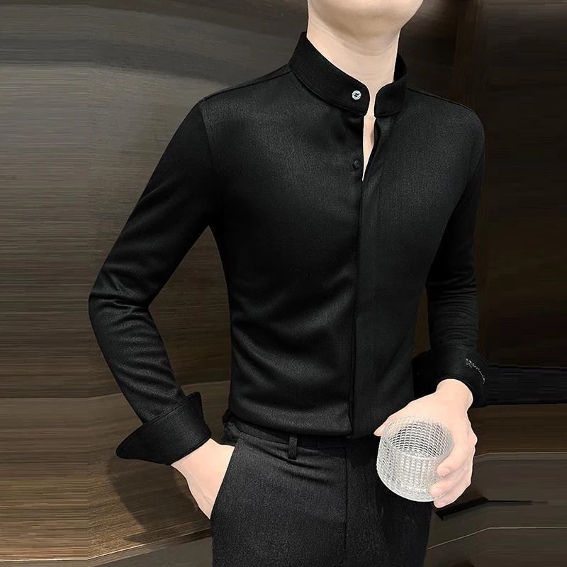 Spring Autumn New Stand Collar Casual Fashion Woolen Shirt Male Long Sleeve Solid Color Buttons Business Bottomed Blouse Top Men