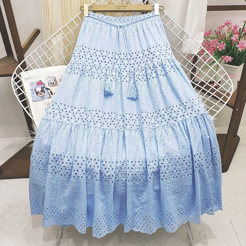 2023 Embroidery Hollow Out Long Cotton Skirt Women's Summer A-line Long Boho Skirt