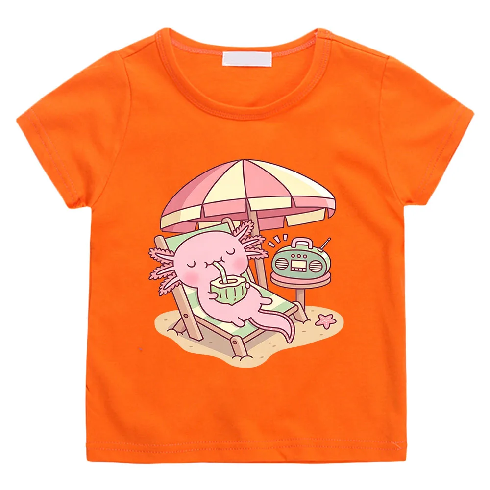 Cute Axolotl Children's T-shirts 100%cotton Drinking Coconut Water on The Beach  Funny Print Short Sleeve Boys Girls Tees Summer