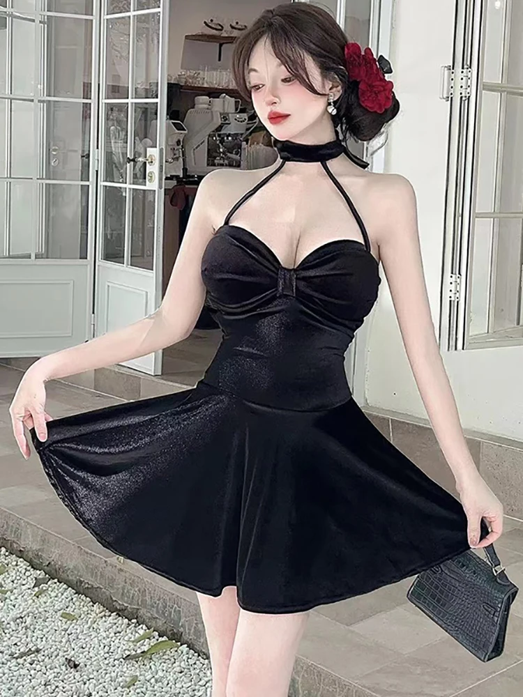 Feminino vermelho veludo chique pescoço-montado sexy mini vestido outono inverno elegante vestido babados 2025 coreano vintage bodycon vestido de noite