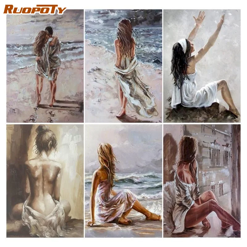 

RUOPOTY Pictures By Numbers With Frame Girl Hand Painting Picture Seascape DIY Paintings On Number Artwork Home decor