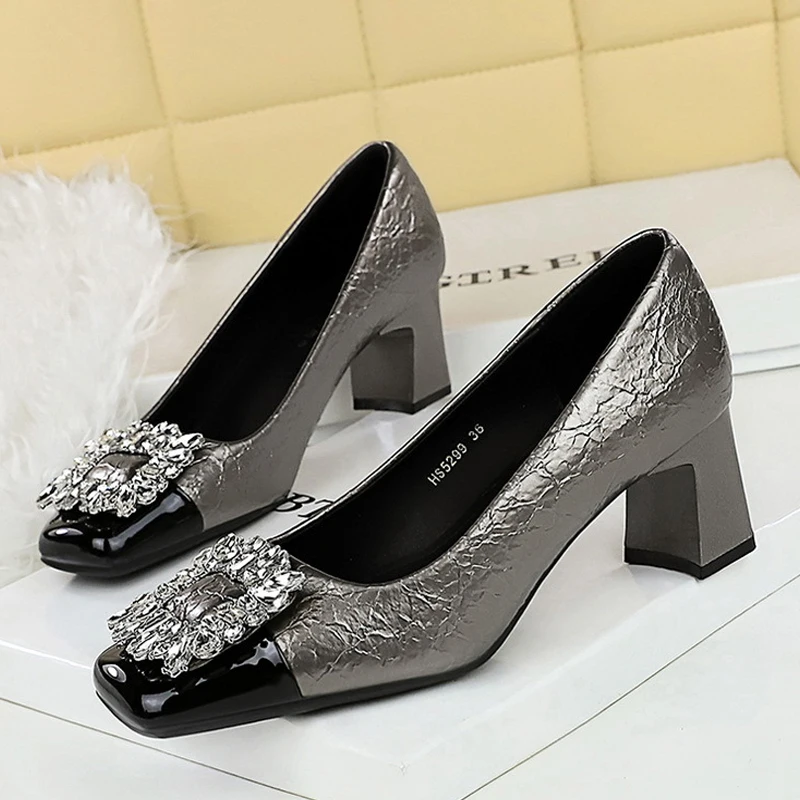BIGTREE Spring Sunflower Crystal Square Head Women Pumps Kitten Thick Heel Fashion Elegant Party Ladies Shoes Zapatos De Mujer