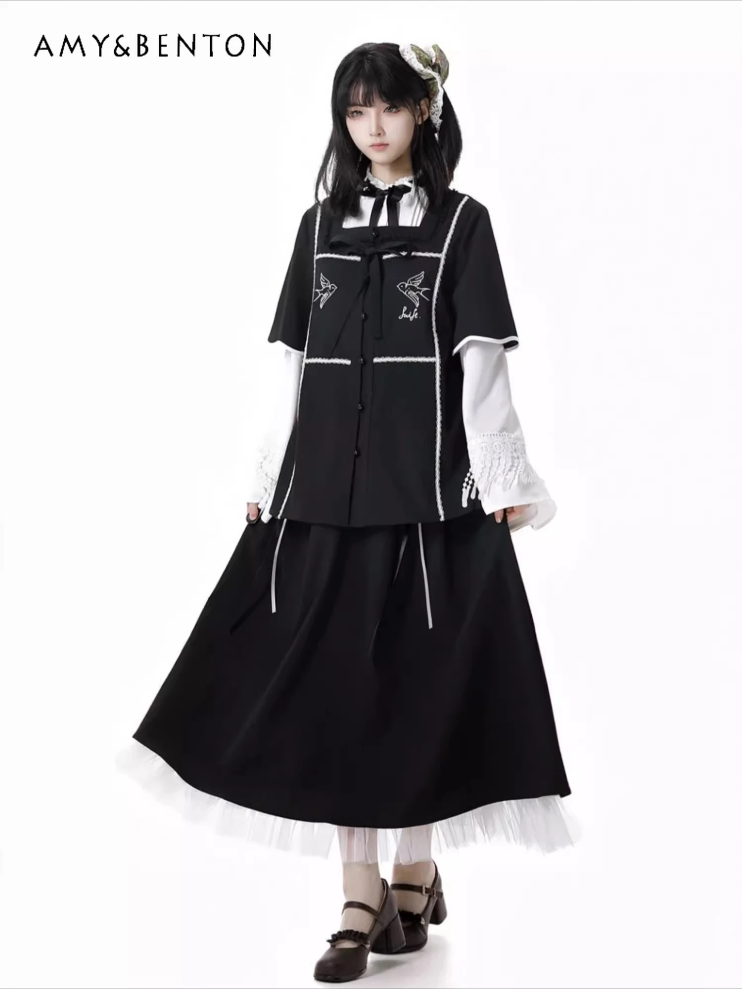 

Harajuku Style Sweet Cool Girl Patchwork Skirt Sets Autumn Vintage Flared Sleeve Shirt High Waist Mid-Length Skirt Two-Piece Set