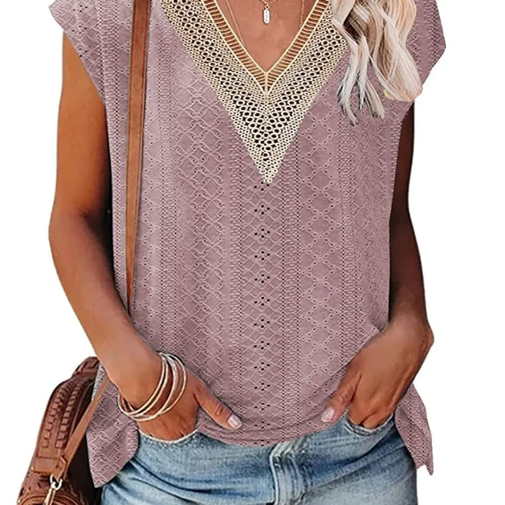

Summer Women's V-neck T-shirt Lace Hollow Stitching European American Style Design Fashion Top