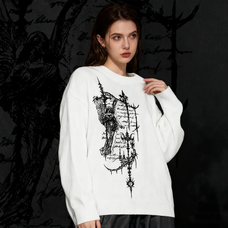 

Gothic crow and handwritten text pattern sweater unisex dark streetwear oversized knitted autumn and winter casual top