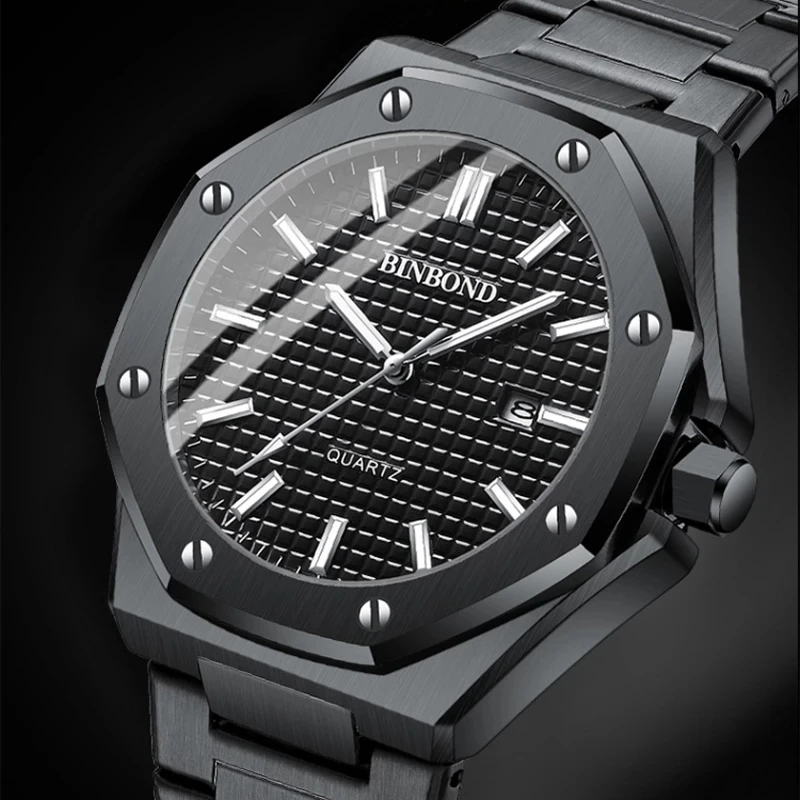 BINBOND B0233 Fashion Men's Watch Alloy Strap with Octagonal Screw Quartz Movement High End Quartz Men's Watch