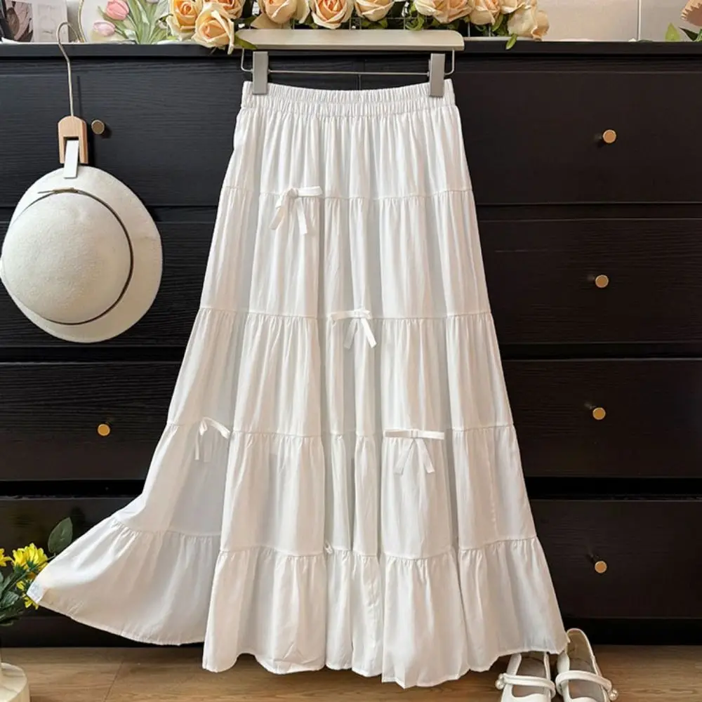 

Fashion Bowknot Tiered Midi Skirt Hight Waist Pleated Long Cake A-line Skirts Korea Style Chic Seven Point Long Dress Chic