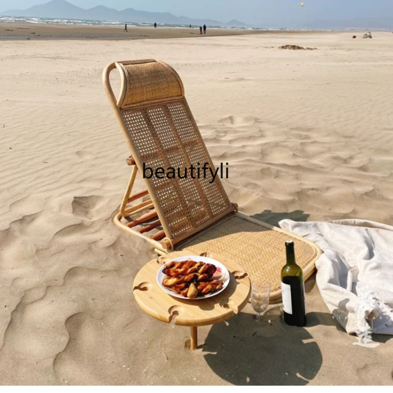 Modern Light Luxury Rattan Beach Chair Armchair Tatami Portable Camping Leisure Rattan Chair Multifunctional Deck Chair