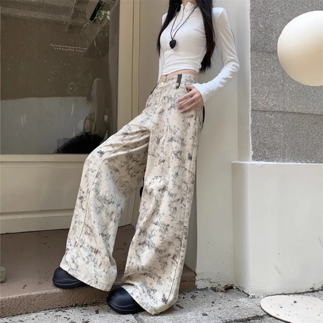 

New Chinese Style Casual Tie Dye Wide Leg Pants High Waist Slimming Floor Length Straight Cut Women's Summer Jeans