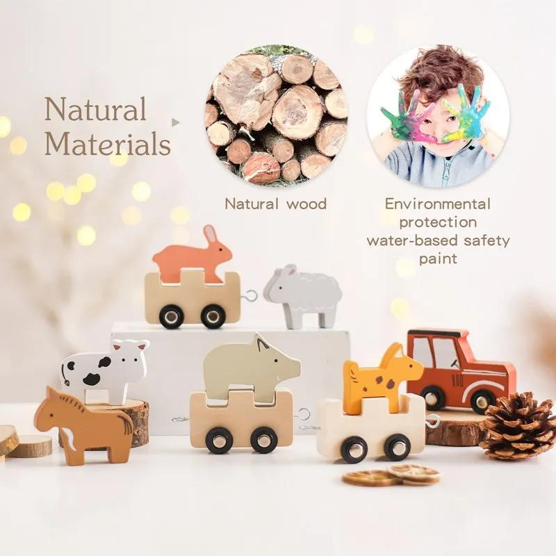 Baby Wooden Train Building Blocks Farm Animals Stacking Educational Toys Children Montessori Stacker Toys for Children Gifts