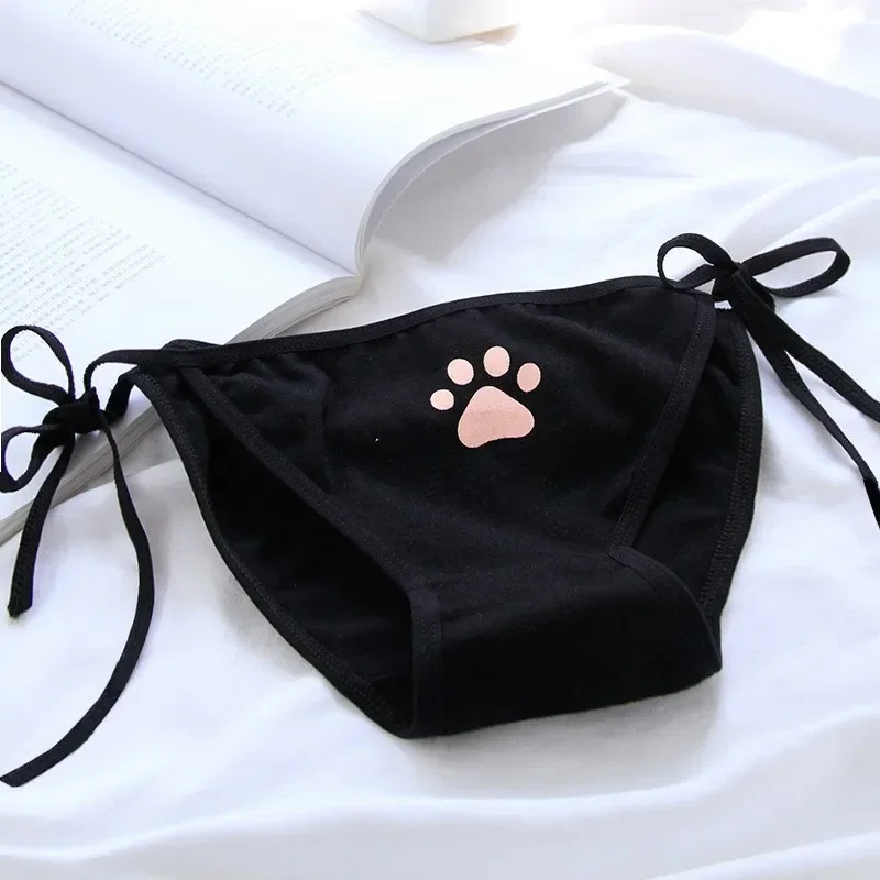 Women Sexy Bandage Cotton Panties Cute Cat Paw Bowknot Lovely Lolita Girls Briefs Erotic Ladies Low Waist Adjustable Underwear