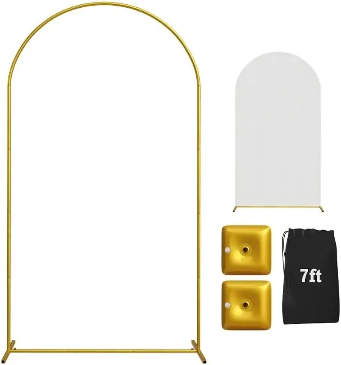 

7.2FT Gold Wedding Arch Stand with White Cover, Metal Frame & Weights for Parties and Events