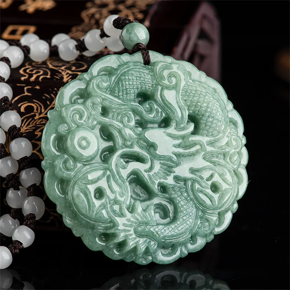 Natural Grade A Green Jadeite Carved Chinese Handwork Round Dragon Pendant Amulet Necklace Certificate Trendy Jade Jewelry Gift