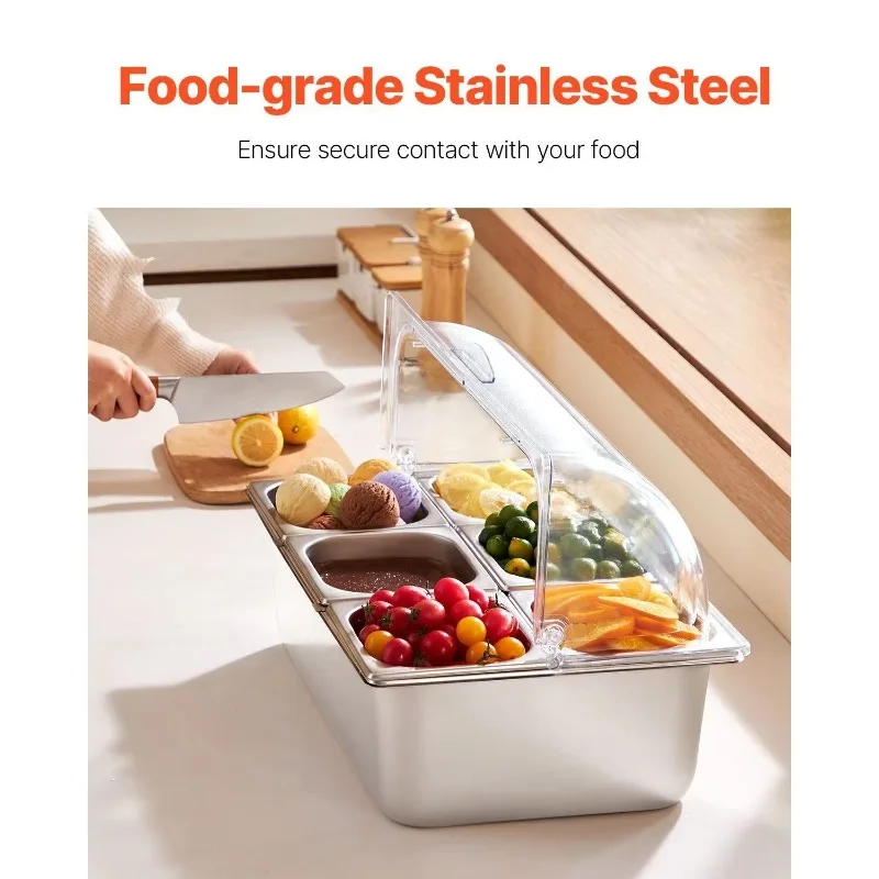6 Pot Stainless Steel Countertop Food Supply Tray Buffet Condiment Dispenser Display Stand Transparent Cover 3 Freezer