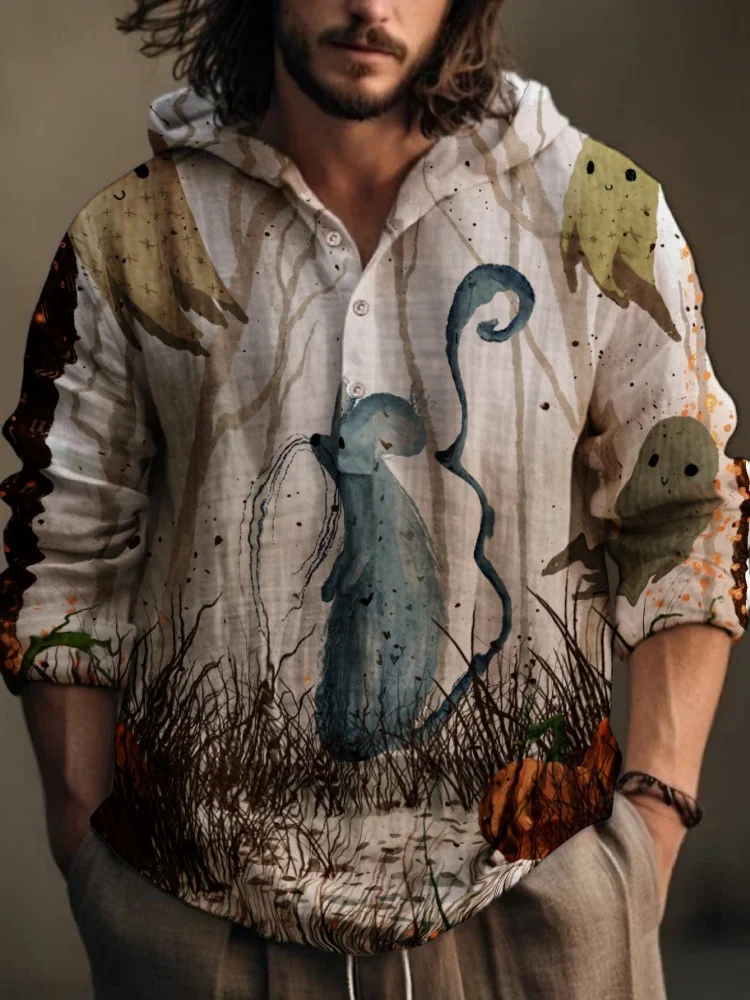 Mens Retro Watercolor Cartoon Pumpkin Print Shirts Vintage Hooded Long Sleeve Henley Shirt Autumn Casual 2026 Harajuku Top