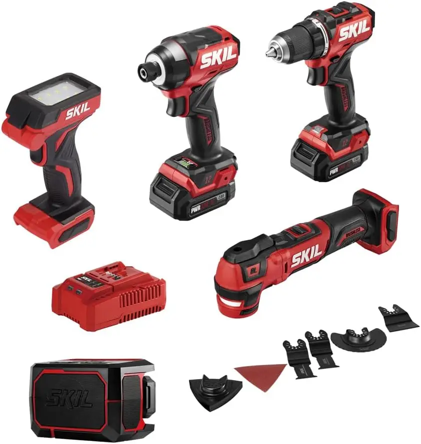 SKIL PWR CORE 12 Brushless 12V 5-Tool Compact Combo Kit Includes Two 2.0Ah Battery and Charger - CB8368A-20,Red