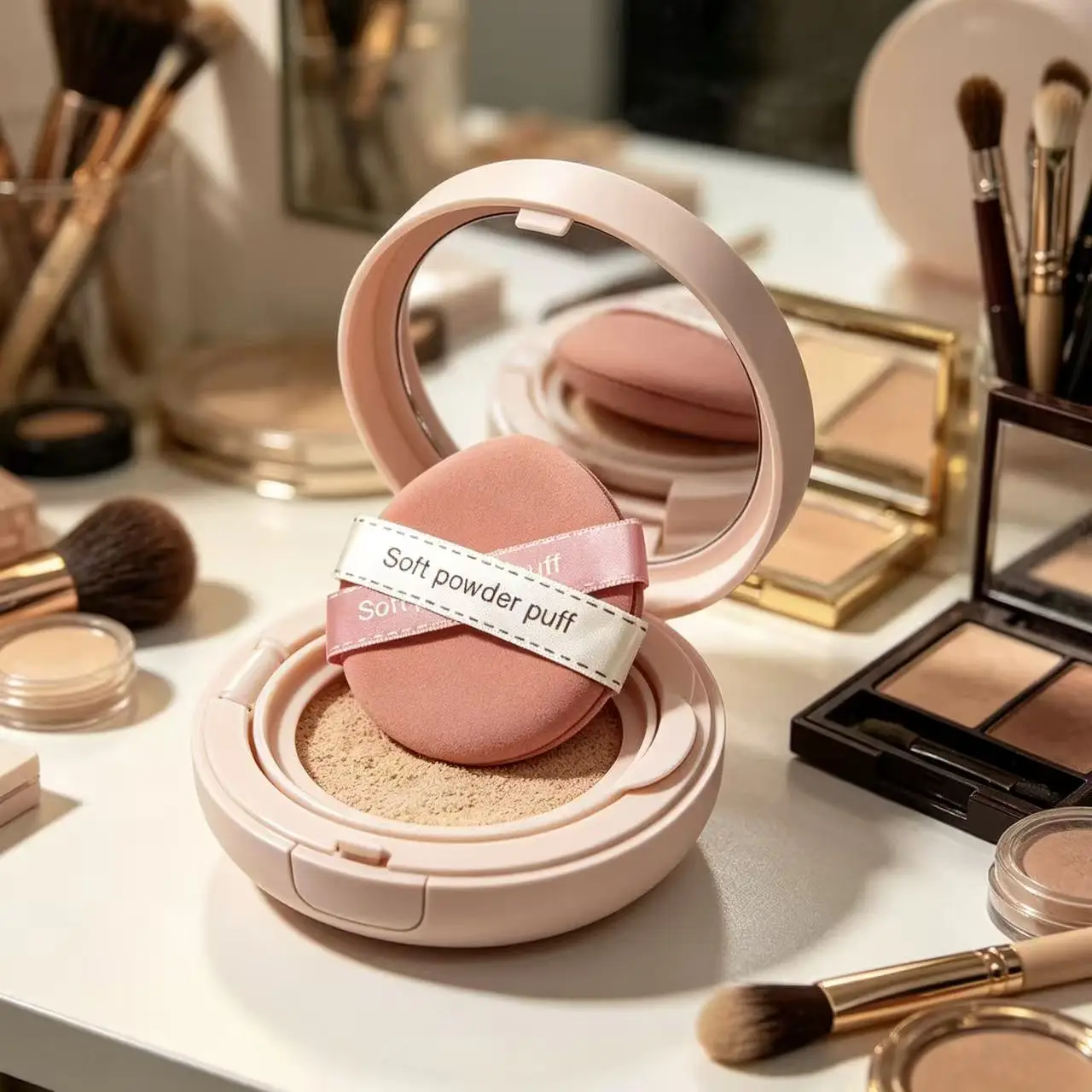 1 piece of ribbon-tied cushion makeup sponge, suitable for both dry and wet use, dual-sided beauty sponge.