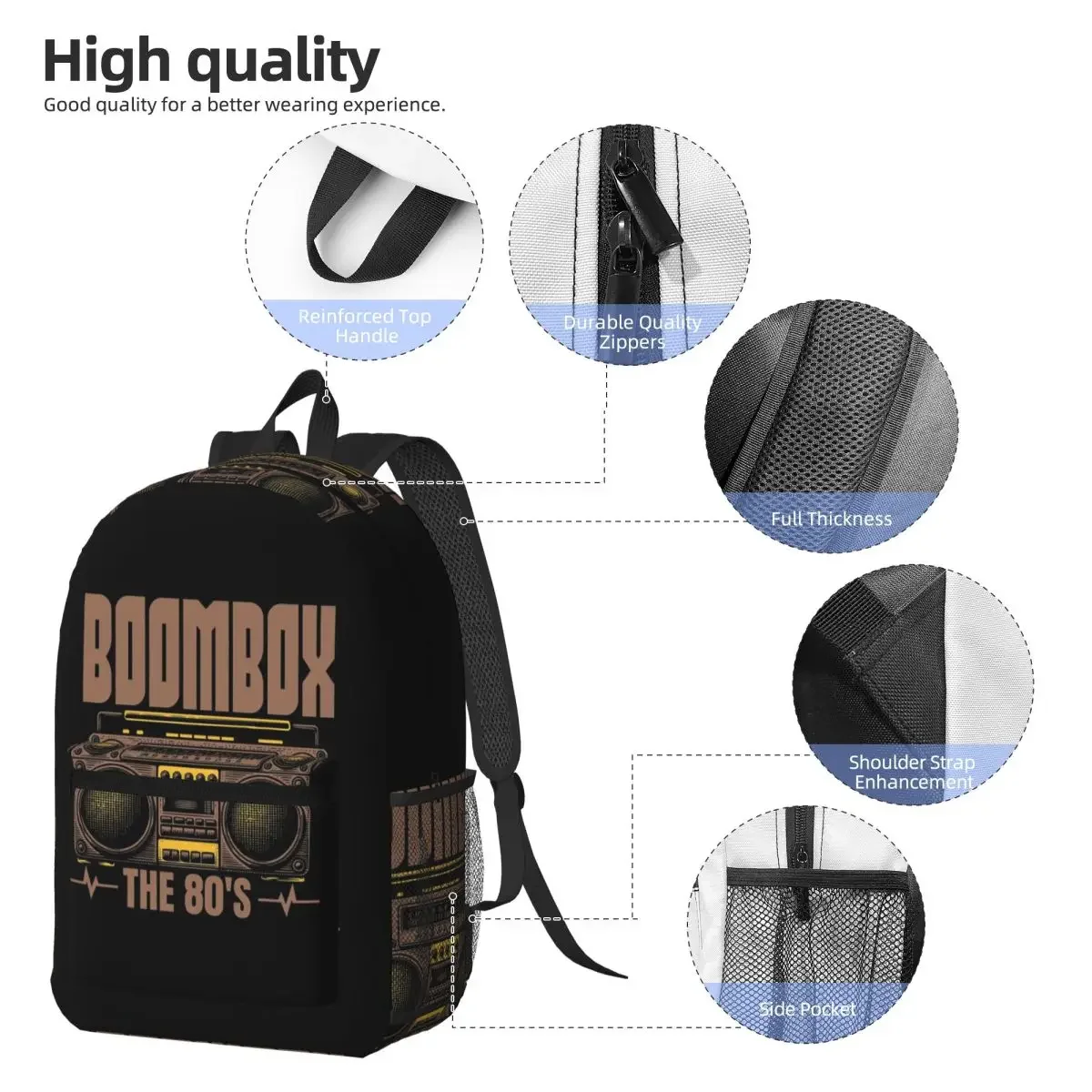 Retro Boombox For Music Recording Backpack Daypack Large Capacity Boys Girls BookBag School Bag Shoulder Bags for Men Women