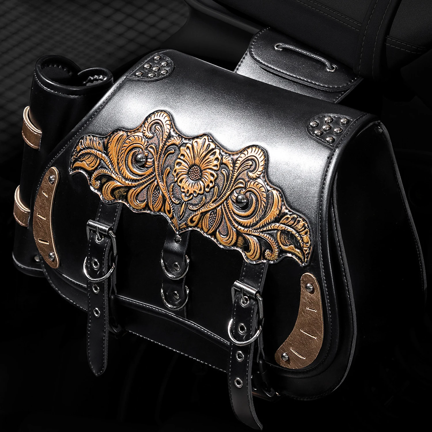 Retro Punk Motorcycle Saddle Bags PU Leather Side Luggage Bag with Cup Holder for Harley Biker