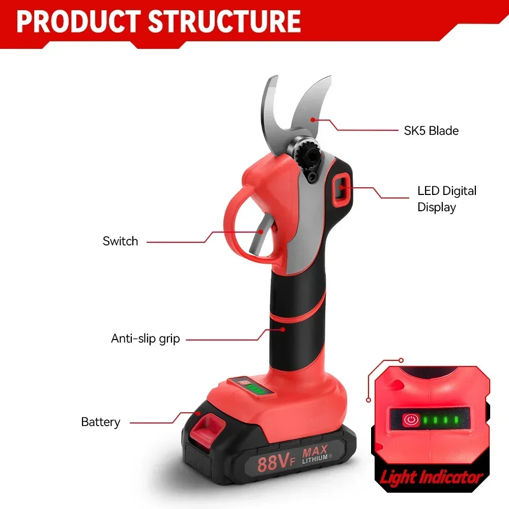 ONEVAN-tijeras de podar eléctricas sin escobillas, podadora inalámbrica recargable para árboles frutales, bonsái, batería Makita de 18V, 30mm, 4