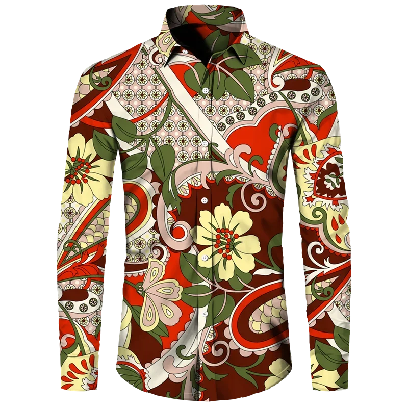 Camisa de flor de caju paisley masculina e feminina, roupas vintage de streetwear, gola virada para baixo, botão, tops de manga comprida, impressão 3D