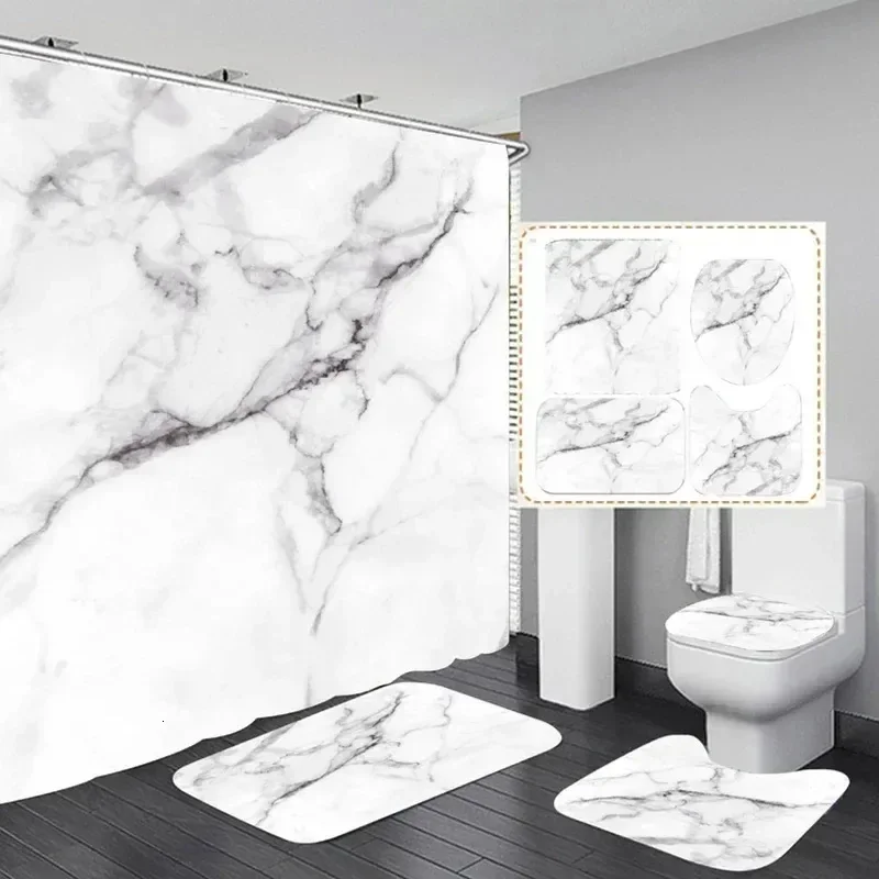4 Pcs Marble Shower Curtain Set Waterproof Fabric Bath Curtain Non-Slip Bath Mat Toilet Lid Cover Modern Bathroom Decor