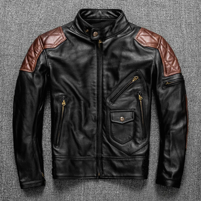 

2023 NEW Motorcycle Cowhide Leather Jacket Men's Natural Genuine Leather Clothes Protective Equipment Biker Slim Men Coat