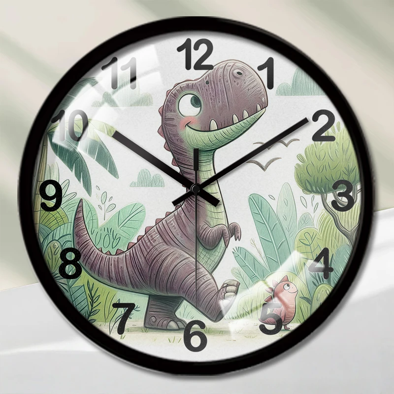 Dschungel-Dinosaurier-Cartoon, rund, geräuschlos, zum Aufhängen, geeignet für Wohnzimmer, Schule, Arbeitszimmer, Schlafzimmer, Kindergeschenke