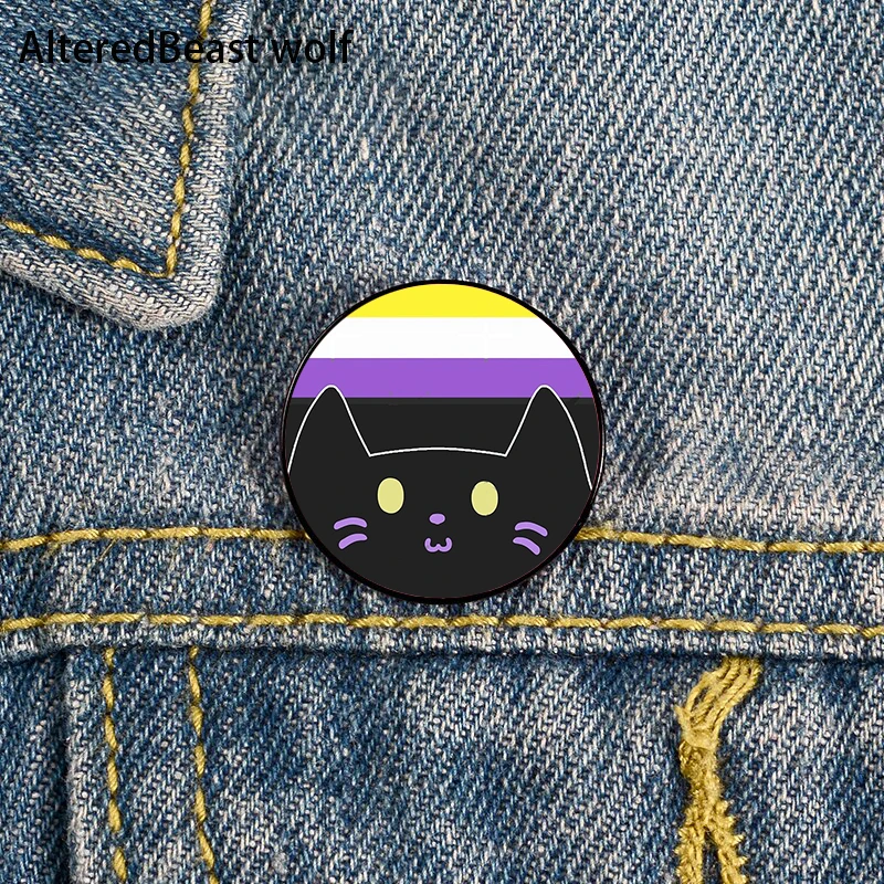 Non Binary Pride cat Pin Custom cute Brooches Shirt Lapel teacher tote Bag backpacks Badge Cartoon gift brooches pins for women