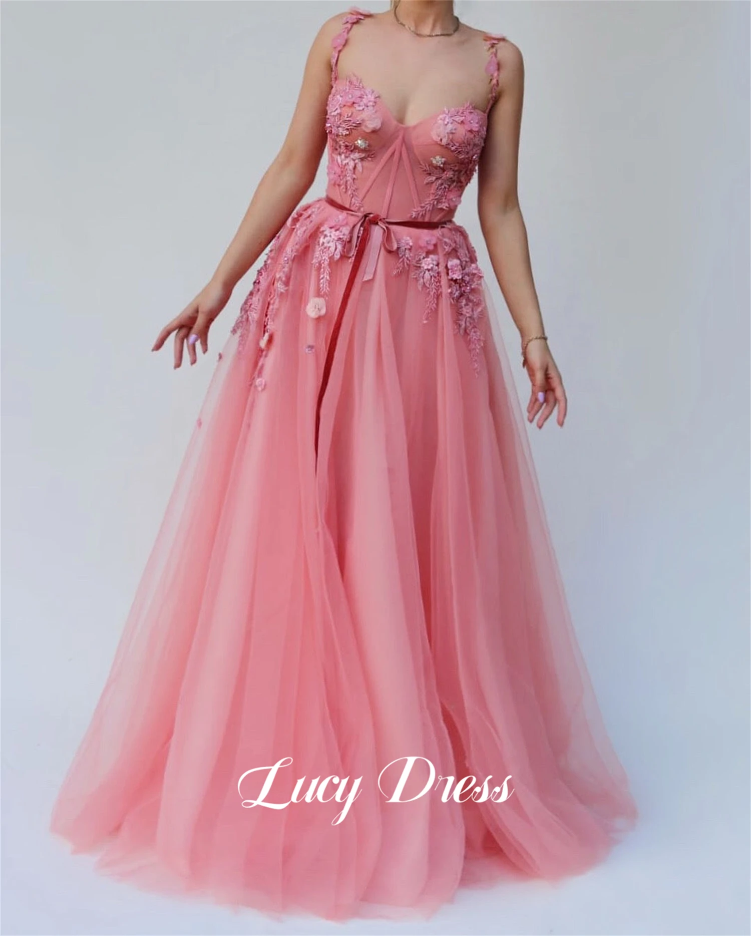 

Lucy Pink Line A Bridesmaid Dress Mesh Applique Graduation Gown Birthday Dresses Luxury Wedding Guest Women Evening 2024