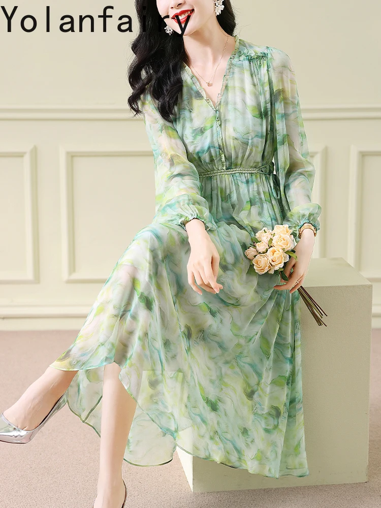 YOLANFAIRY 100% Natural Mulberry Dress for Woman 2025 Autumn Long Sleeve Luxury Dress High Quality Women's Dresses Floral Dress