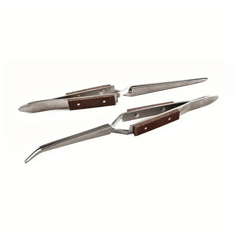 2Pcs Set Stainless Steel Cross Locking Insulated Tweezer Self Closing Jewelry Soldering Craft Repair Tool Straight Elbow Tip