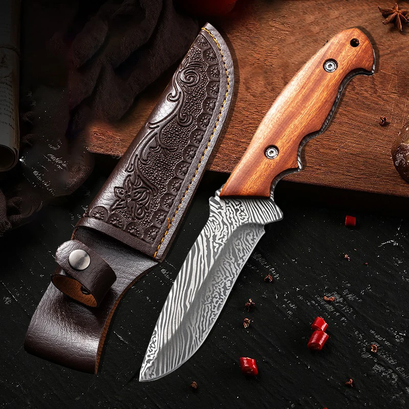 Professional Damascus steel patterned laser texture kitchen knife high-hardness fruit knife kitchen straight knife cooking knife